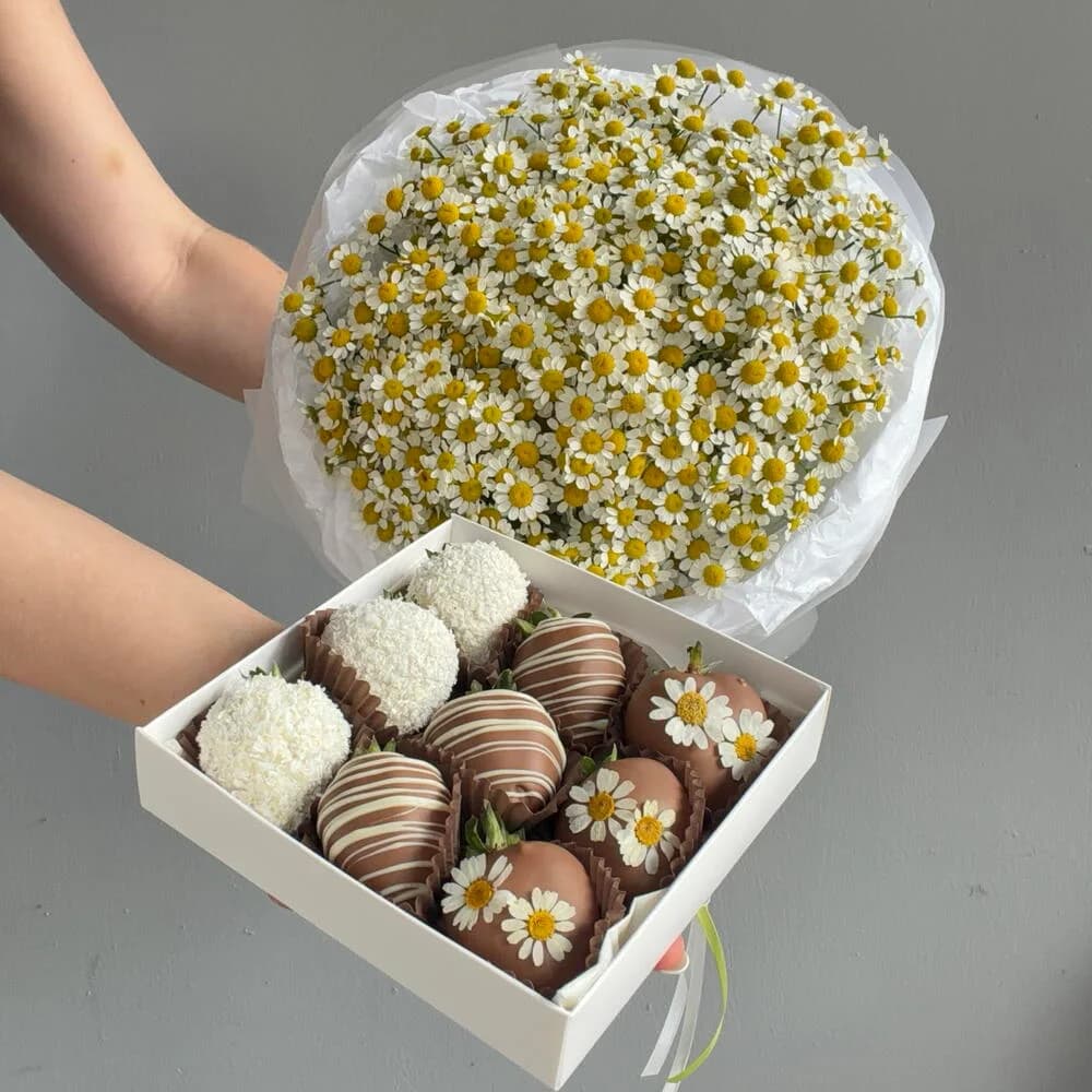 Комбо из 25 ромашек и 9 клубник в шоколаде - клубника в шоколаде 9 штук в Краснодаре